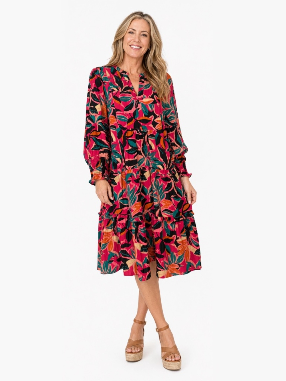 G by Giuliana Size M Tropical Floral Tiered Dress Pink Teal Boho NWOT